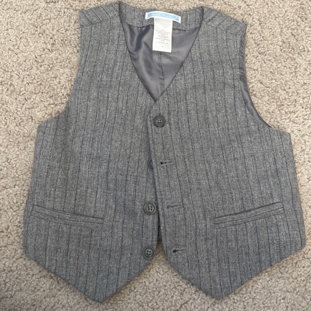 Cute little boys Janie and Jack grey vest with pinstripes on it.